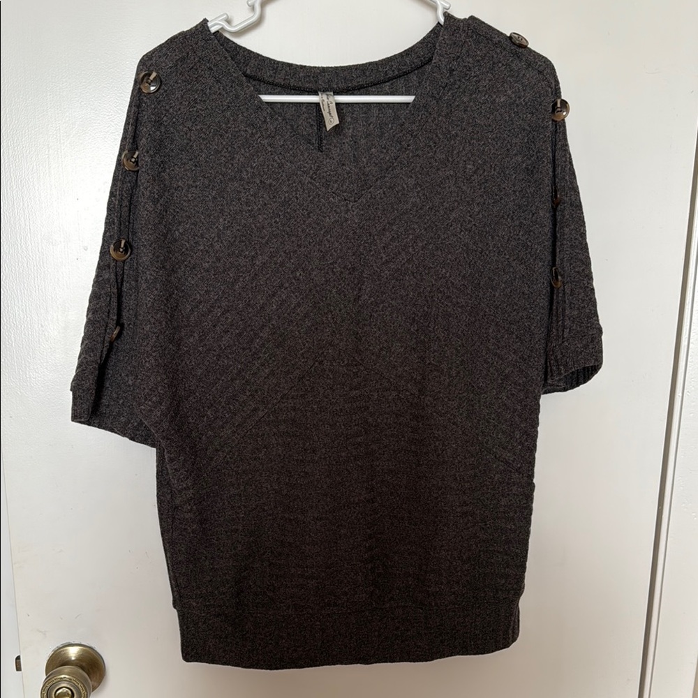 Gray Knit Sweater with Button Accents